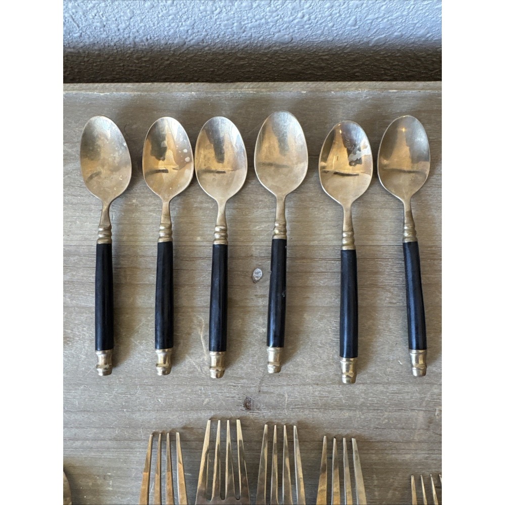 Vintage Brass & Black Bakelite Set Flatware Silverware 32 Piece Set - Picture 10 of 13